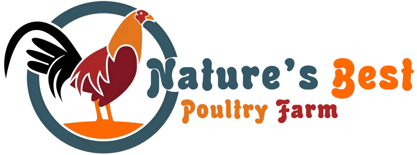 Nature’s Best Poultry Farm logo with a colorful rooster standing inside a circle and the farm name written in bold, fun letters.